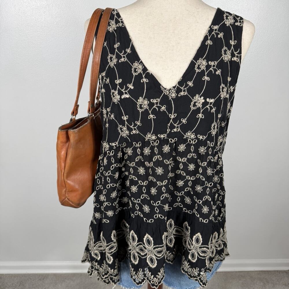 American Eagle NWT XL Black Embroidered Boho Tunic Top V Neck Scallop Hem